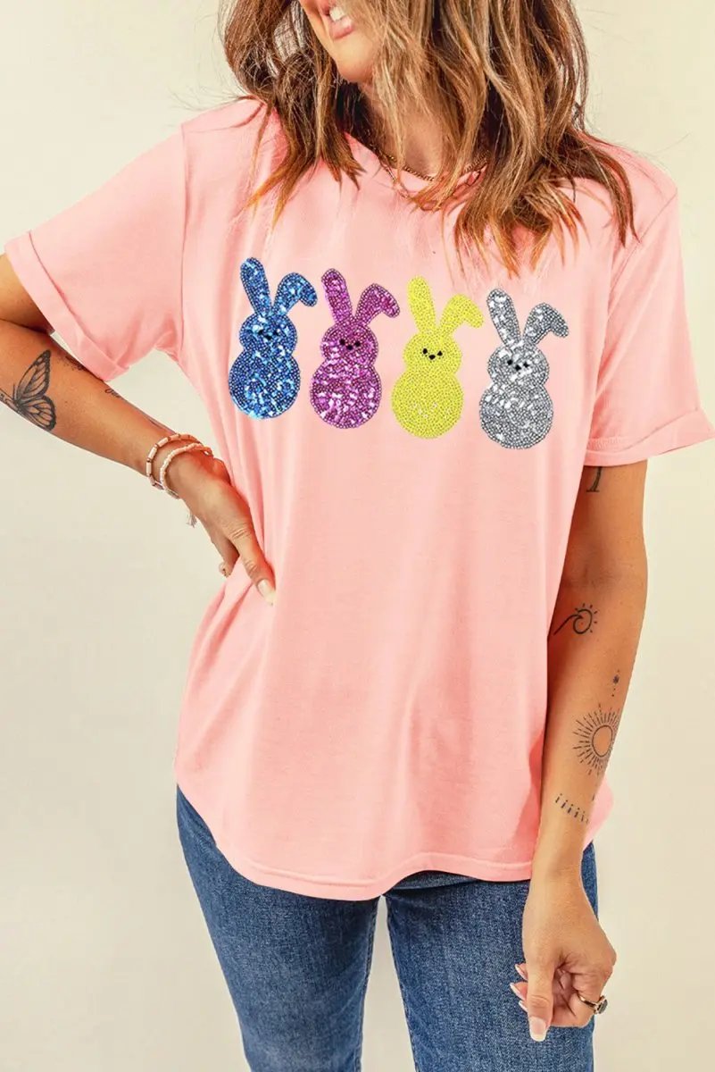 Pink Sequin Cute Bunny Graphic Easter Fashion Tee Shirt - Love Salve